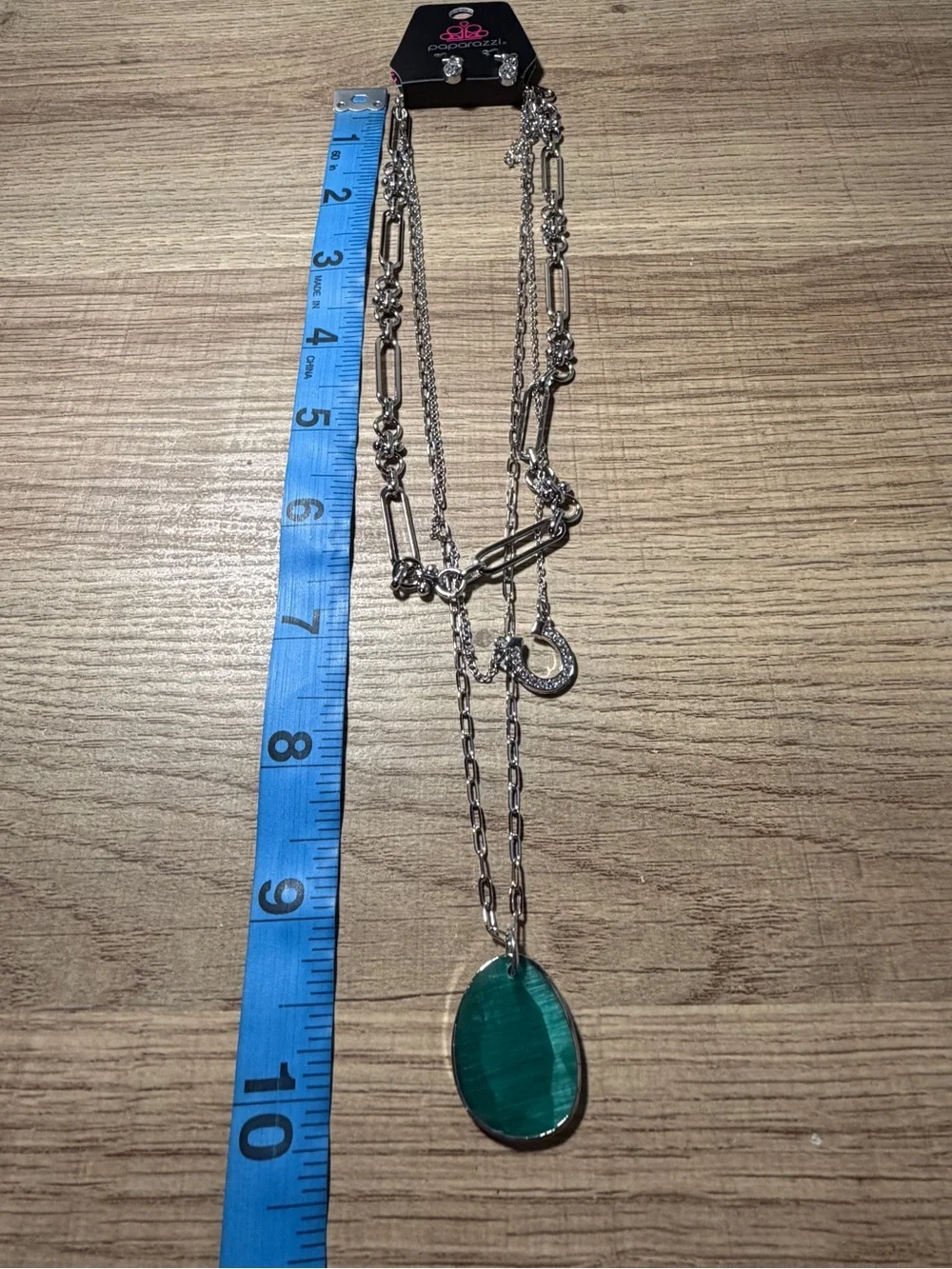 paparazzi Silver-Tone Layered Necklace with Green Teardrop Pendant
